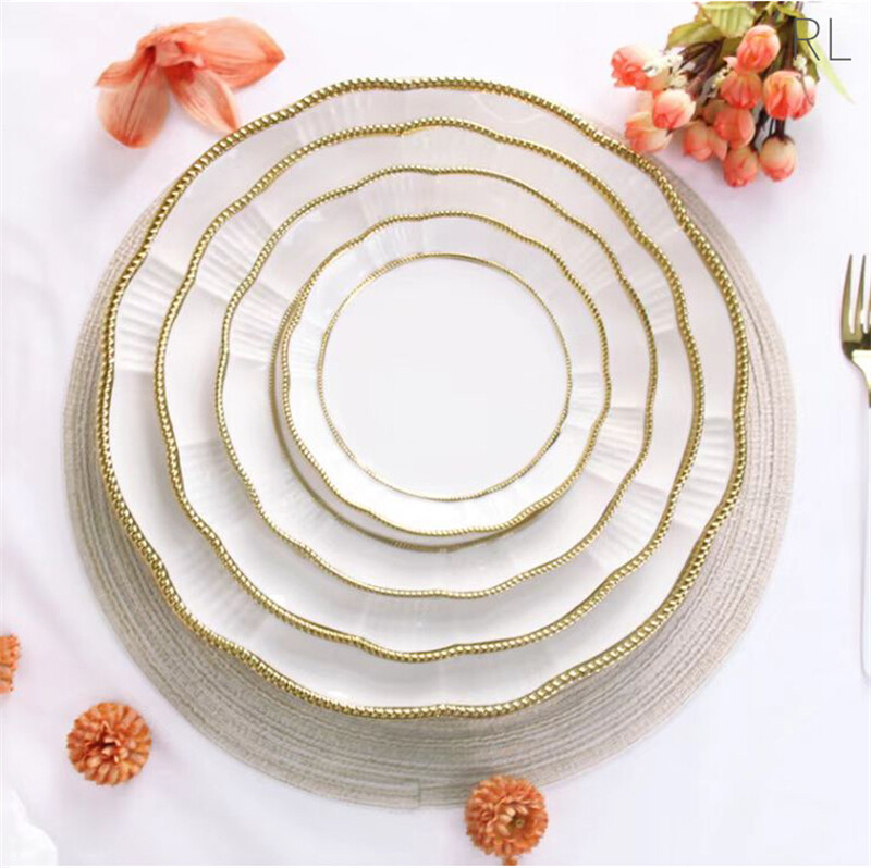 white with gold rim dinner set, ceramic dishes, restaurant quality dinnerware