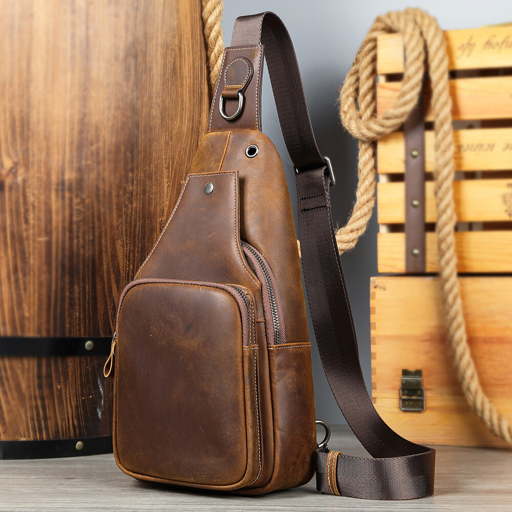 NIUCUNZH Crazy Horse Leather Chest Sling Bag with Earphone Hole Single Shoulder Backpack Cross Body Bags Men Leather Chest Bag