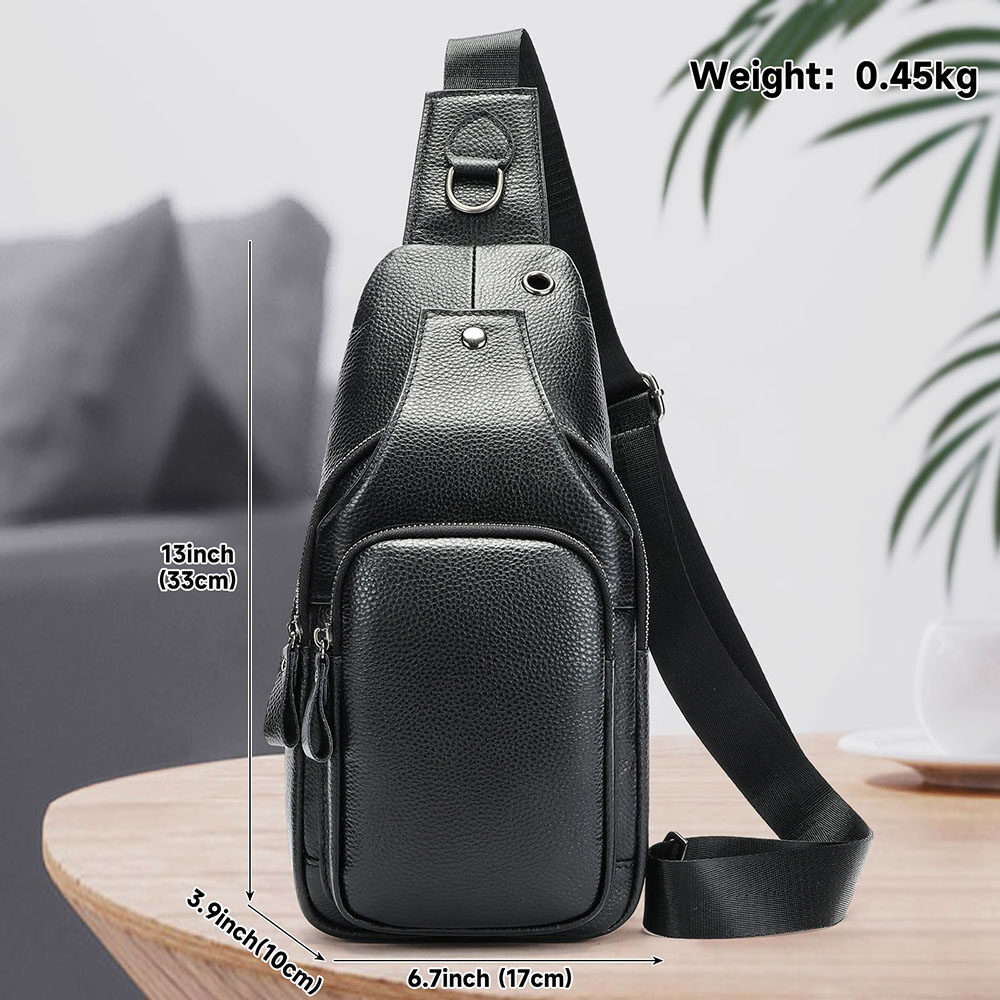 NIUCUNZH Men Genuine Leather One Shoulder Chest Bags with Earphone Hole Leather Crossbody Sling Bag Chest Bags for Men Leather