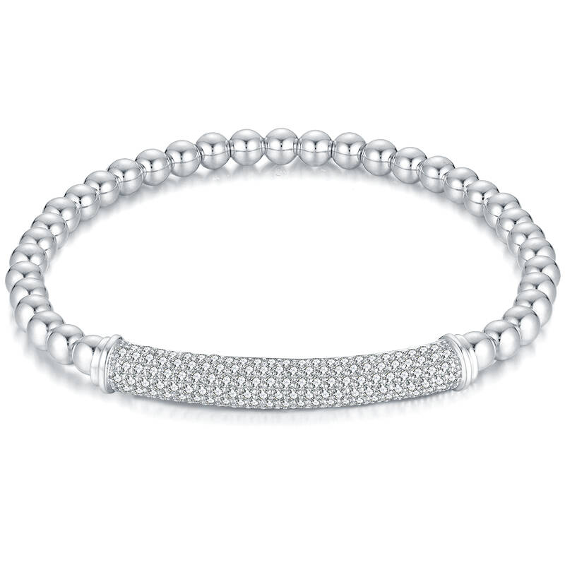 18K White Gold Diamond Stretch Bracelet with Beaded Ball Design