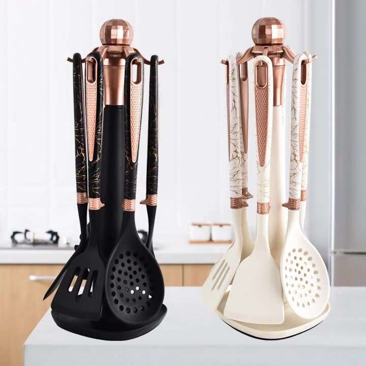 7-Piece Silicone Kitchenware Set with Storage Rack Cooking Shovel Spoon Household Tools for Kitchens