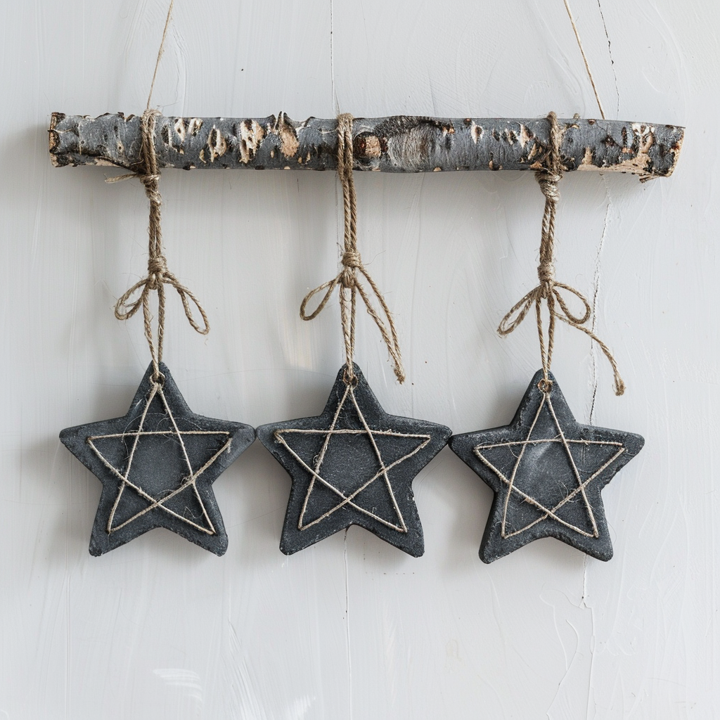 Old cement like grey pained wooden stars wall decoration plaque with hemp rope hanging line effect