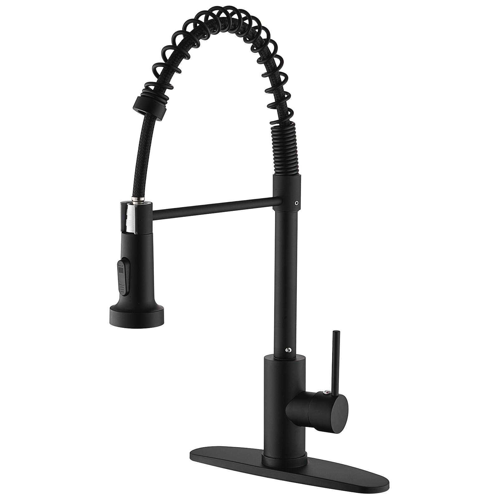 Kitchen Faucet,Commercial Matte Black Spring Kitchen Sink Faucet with Pull Down Sprayer,Lead Free Single Handle Solid Brass Bar