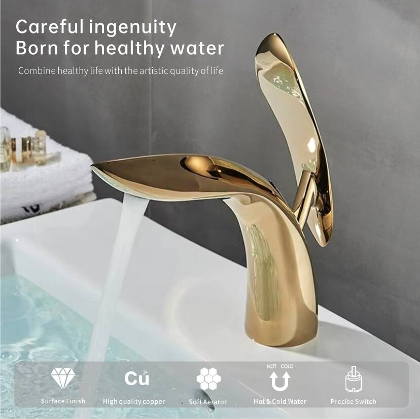 Light luxury leaf modeling all copper faucet hot and cold washbasin household bathroom table under the basin art