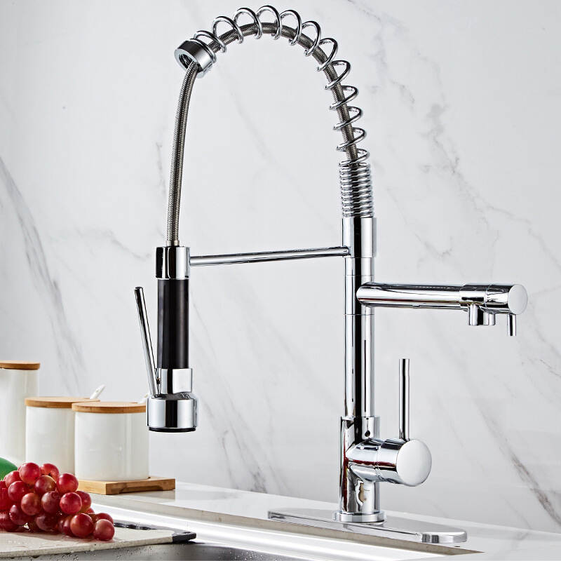 Kitchen hot and cold spring pull-down faucet with bottom plate sink water straight drink double kitchen faucet-Chrome plating