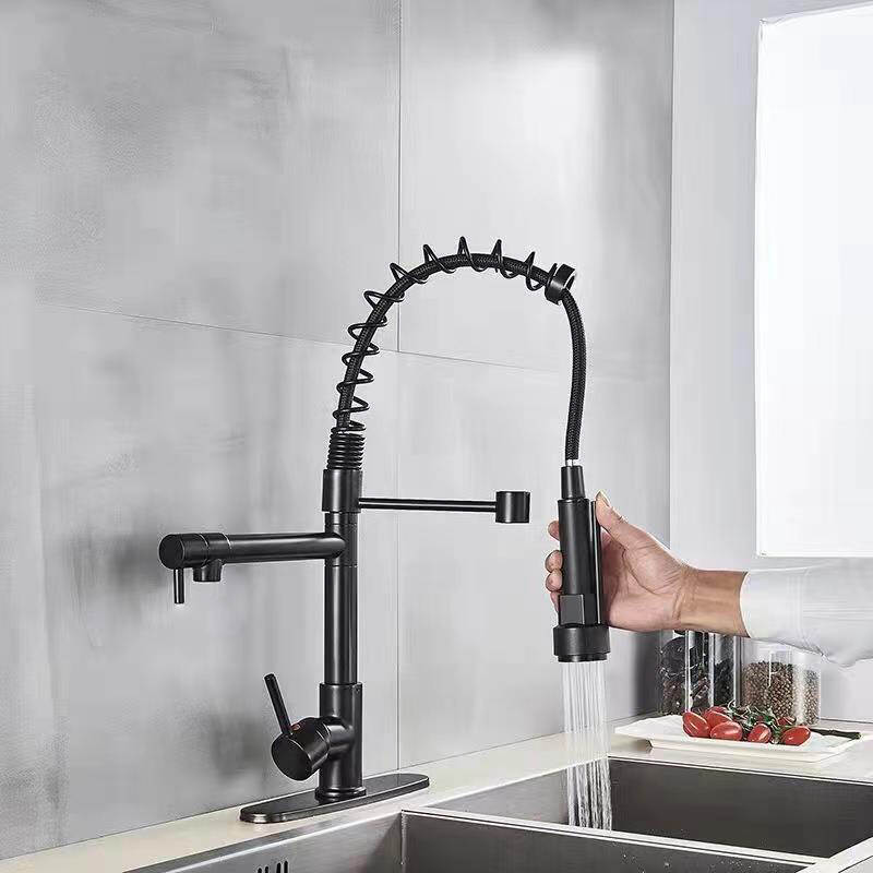 Kitchen hot and cold spring pull-down faucet with bottom plate sink water straight drink double kitchen faucet-black