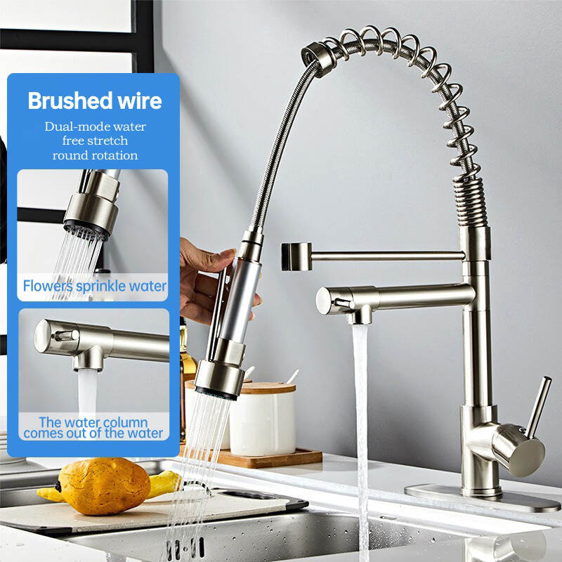 Kitchen hot and cold spring pull-down faucet with bottom plate sink water straight drink double kitchen faucet-wire-drawing