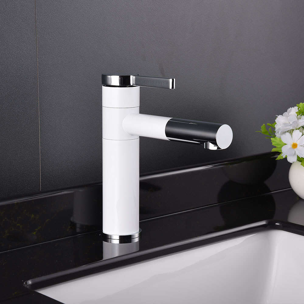 Pull-Out Kitchen Faucet with Cold and Hot Water for Home Bathroom Sink Vanity Washbasin White silver