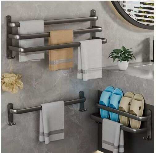 Wall-Mounted Triangle Storage Rack,wall-mounted storage rack,slipper rack,clothing hook,Space Aluminum Double Foldable Towel Rack