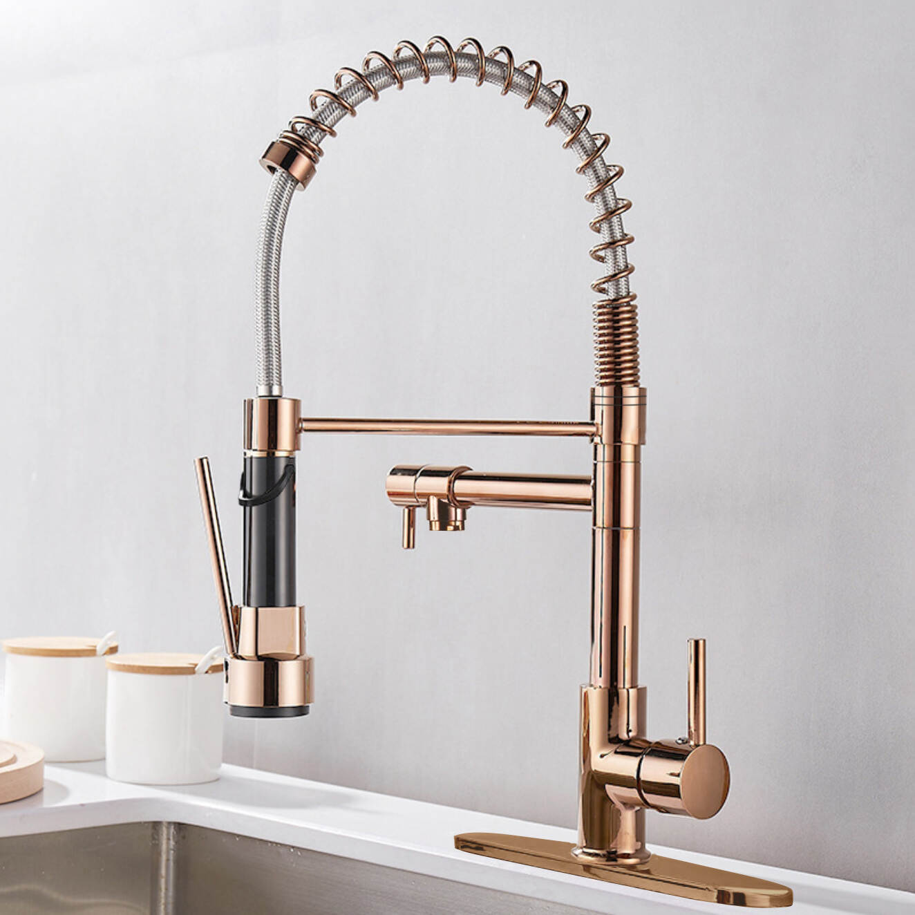 Kitchen hot and cold spring pull-down faucet with bottom plate sink water straight drink double kitchen faucet-wire-drawing