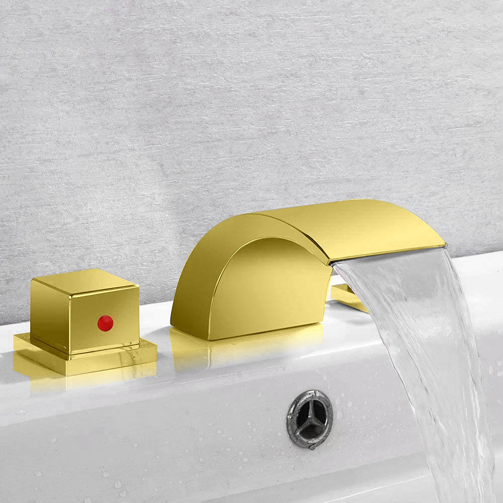 5501 square three-hole separate basin golden faucet waterfall faucet hot and cold cylinder side three-piece set