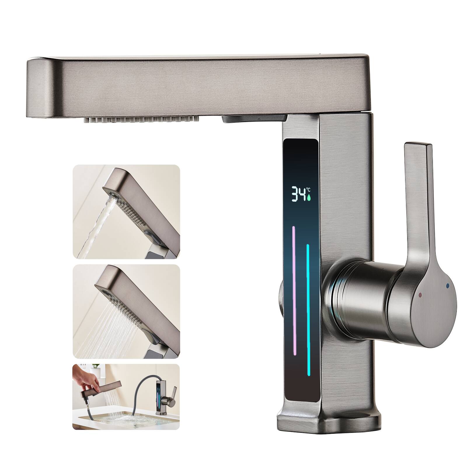 5665 up-lift atmosphere lamp can be pulled digital display single-hole faucet gun gray toilet basin telescopic cold and hot wate