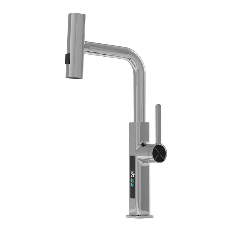 5669 Feiyu digital display kitchen pull basin faucet chrome-plated hot and cold water can be rotated telescopic pull