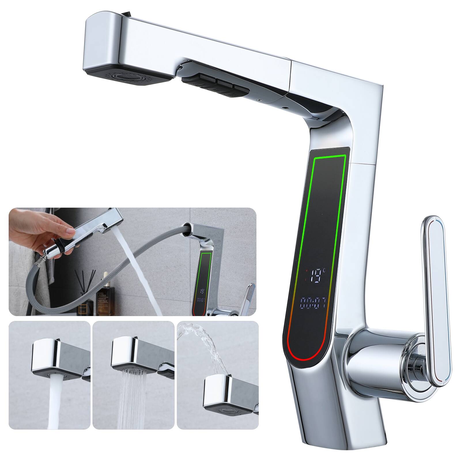 XT-C024 Intelligent digital display pull chrome-plated multi-function basin faucet Wash basin cold and hot water faucet