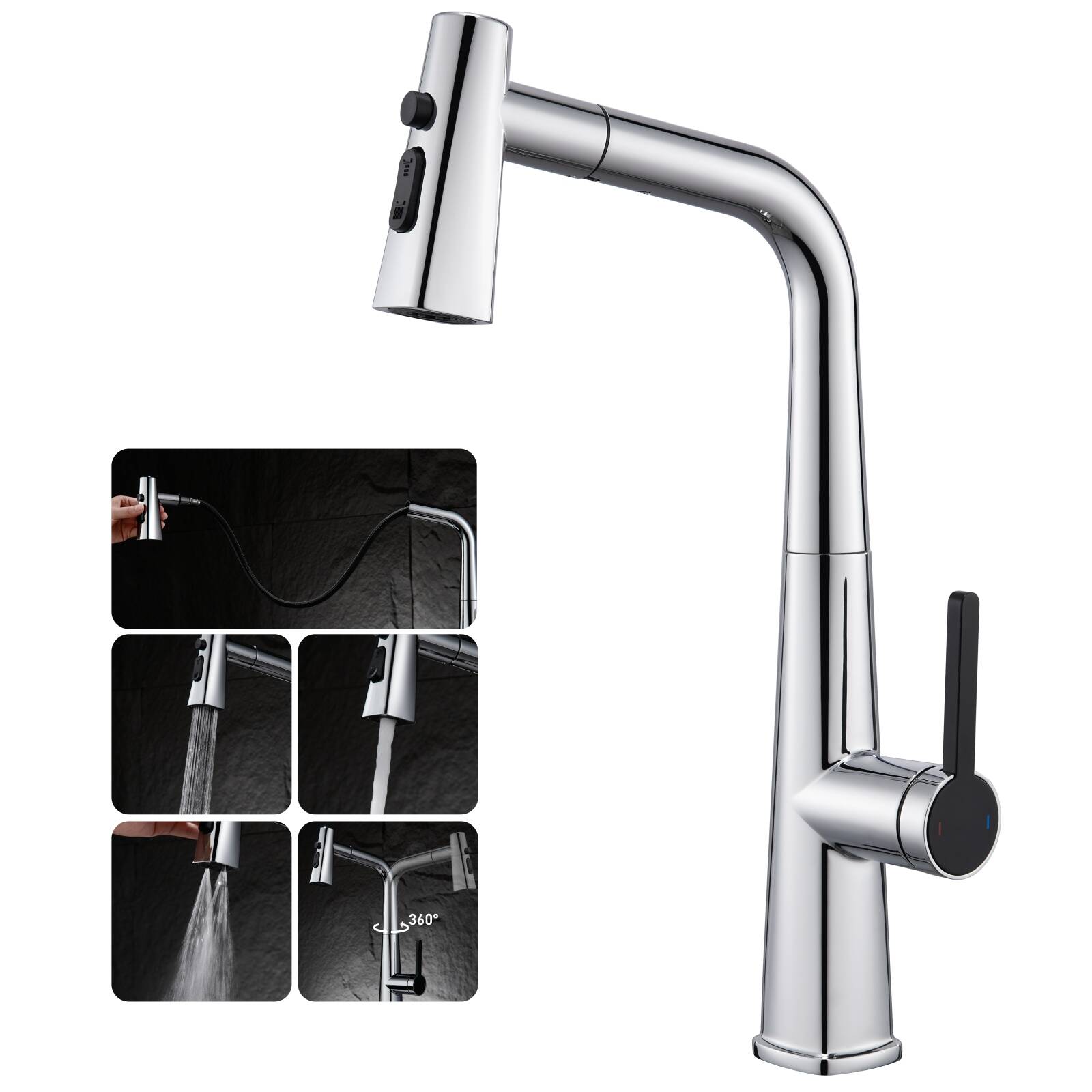 5701 KP3802 Umbrella pull-out Hot and cold dish basin faucet Chrome plated with rotary anti-splash 3 mode water