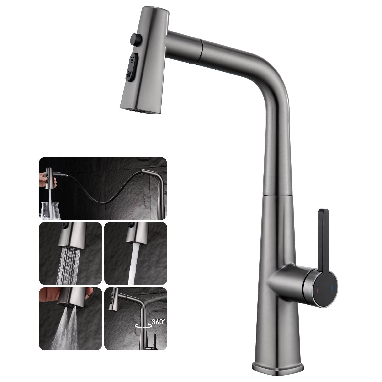 5702 KP3802 Umbrella Pull-out Hot and Cold Dish faucet Gun Gray Rotatable anti-splash 3 mode water