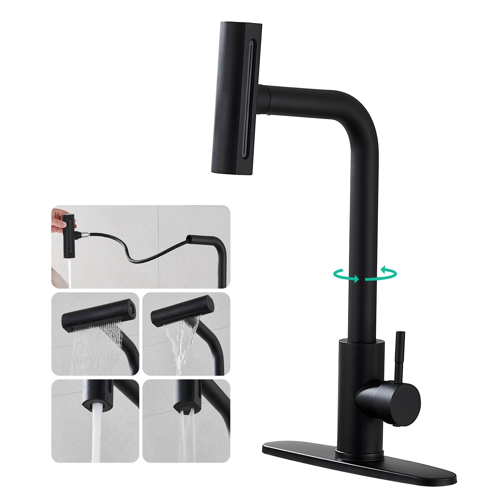 5706 Feiyu kitchen pull faucet Black waterfall faucet cold and hot water telescopic rotation switch water mode