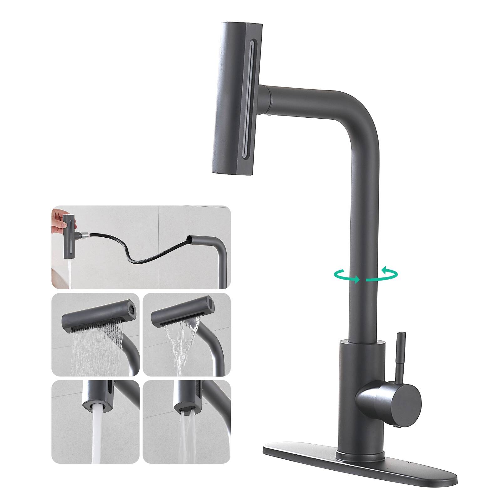 5733 Feiyu kitchen drawing faucet gun Gray waterfall faucet cold and hot water telescopic rotation switch water mode