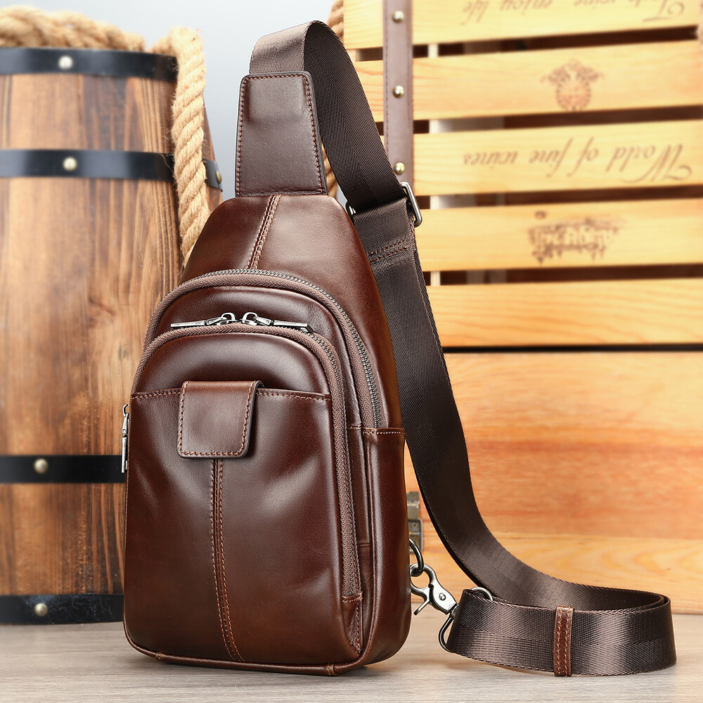 NIUCUNZH Men Genuine Leather Chest Sling Bag One Shoulder Backpack Leather Crossbody Bag Men Leather Chest Bag