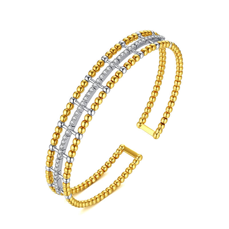 Triple Row Beaded 18K Yellow and White Gold Natural Diamond Bangle