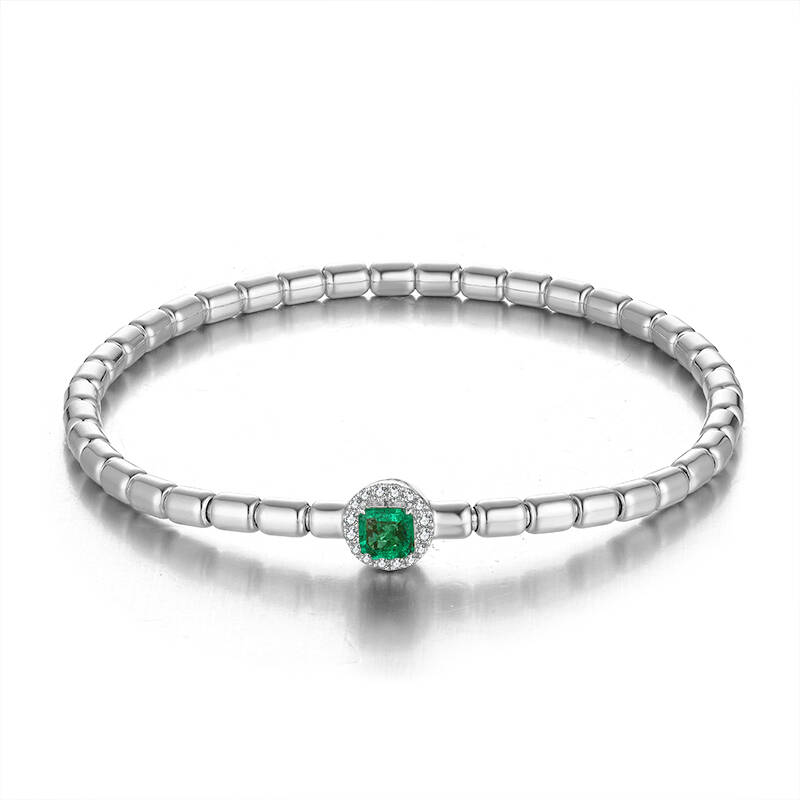 18K White Gold Bamboo Segment Emerald Diamond Bracelet