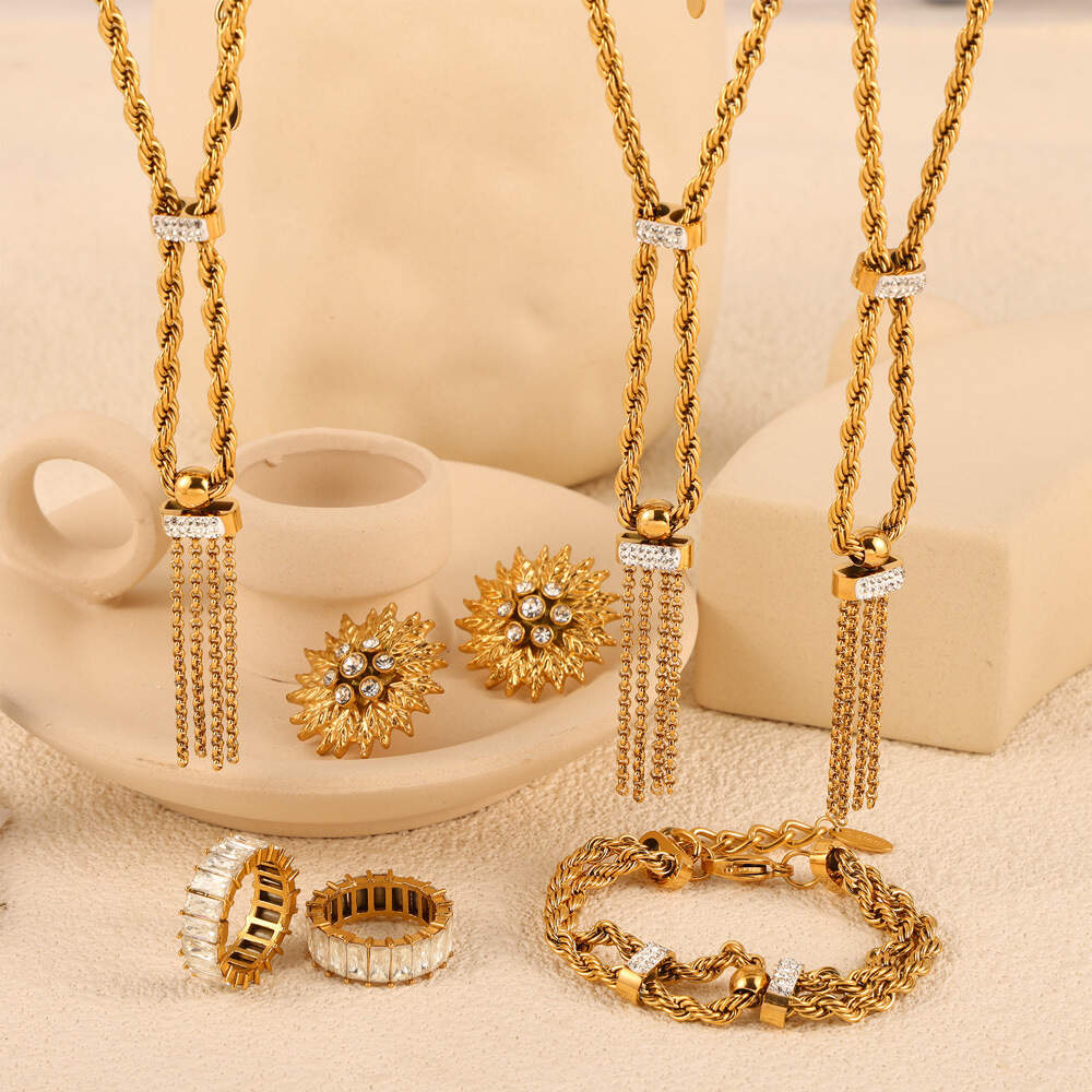 18 Gold Plated Stainless Steel Jewelry Set,18K Gold Plated Stainless Steel Jewelry Set,Stainless Steel 18K Gold Jewelry Set,Stainless Steel Gold Plated Multi Double Layered Figaro Chain Necklace,Stainless Steel 18K Gold Plated Earrings