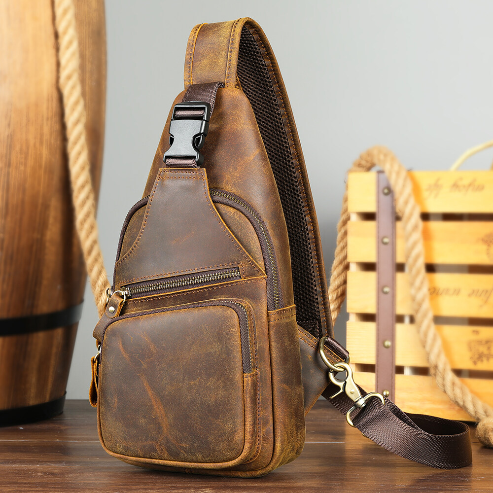 NIUCUNZH Vintage Handmade Men Leather Chest Shoulder Backpack Genuine Leather Sling Bag Men Leather Chest Bag