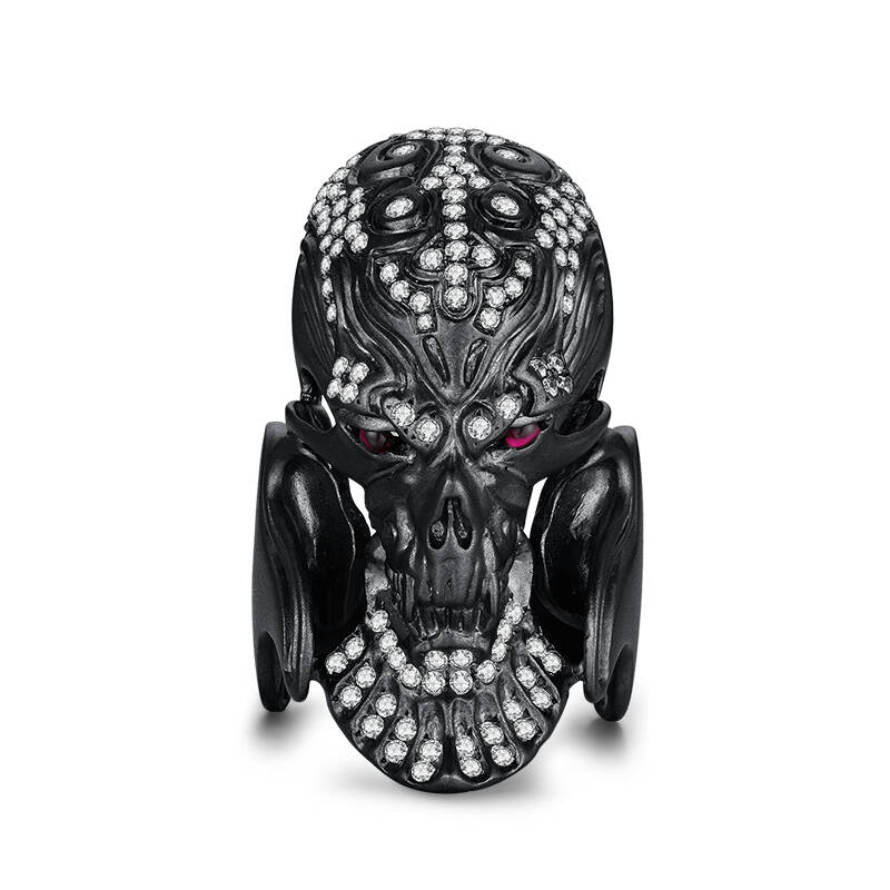 Red Ruby Black Skull Ring 925 Silver Set with Natural Diamonds