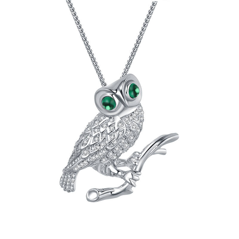 Emerald Owl Pendant 18K White Gold with Natural Diamond Necklace