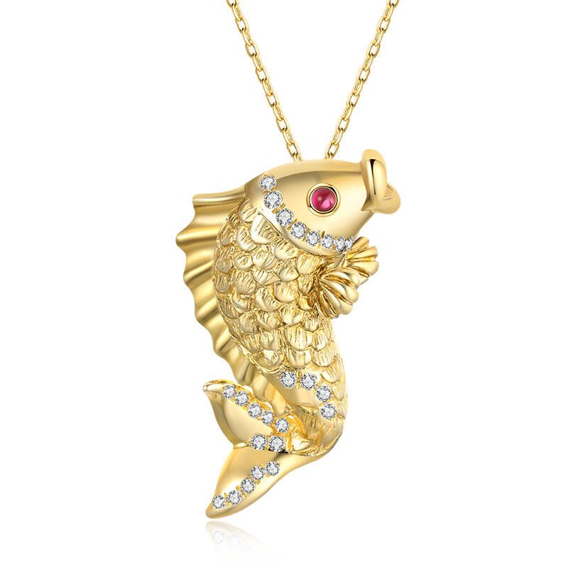 Ruby Koi Fish Pendant 18K Gold Natural Diamond Necklace