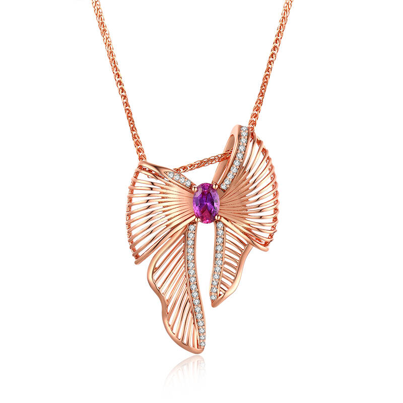 Rose Gold Purple Gemstone Butterfly Bow Diamond Necklace