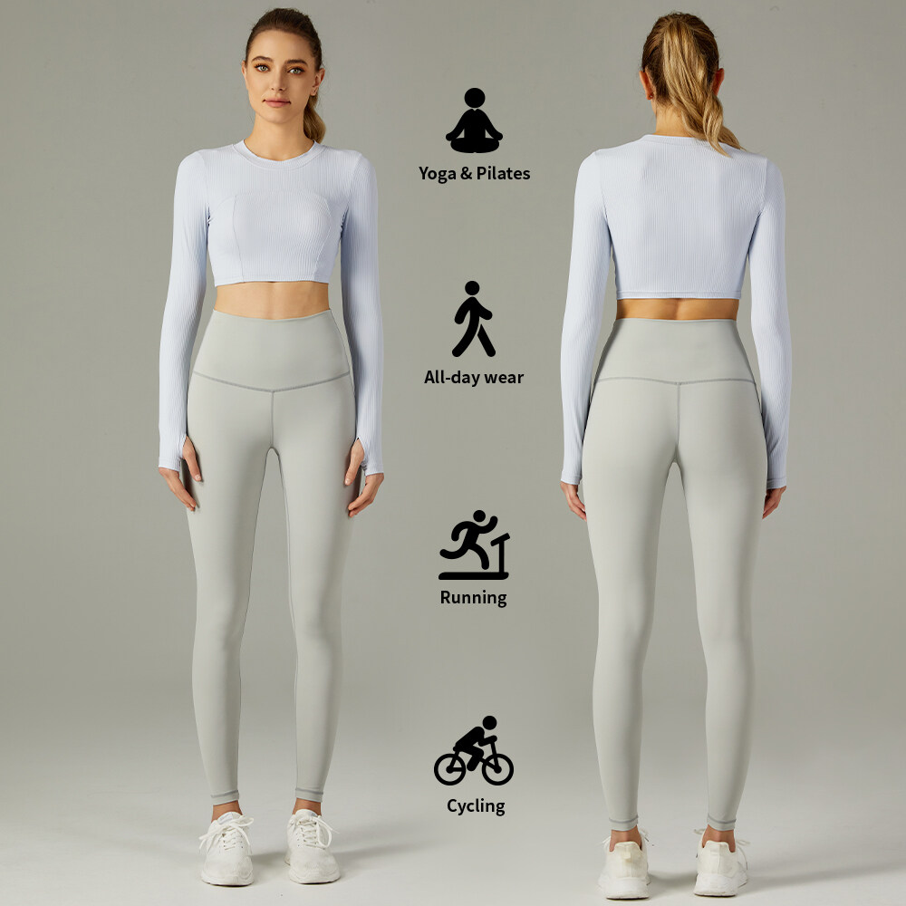 Yoga Wear Set Ribbed Long Sleeve T-shirt High Waist Leggings Custom Logo