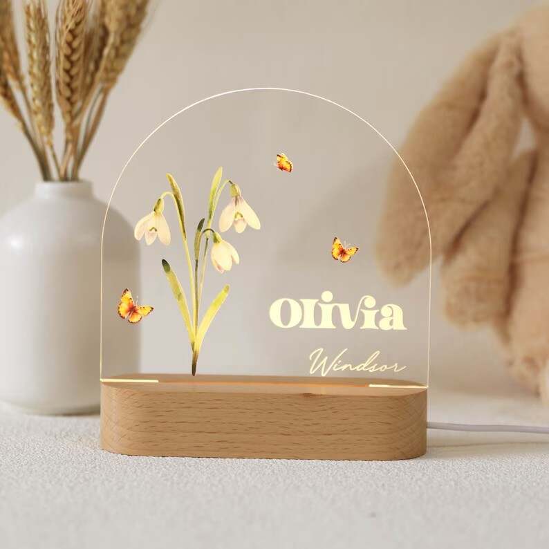 Personalized Custom Name,  Flower Decor, Gift for Birthday/Friend/Mom, Home Decoration, Acrylic, Wooden, LED Light Table Lamps.