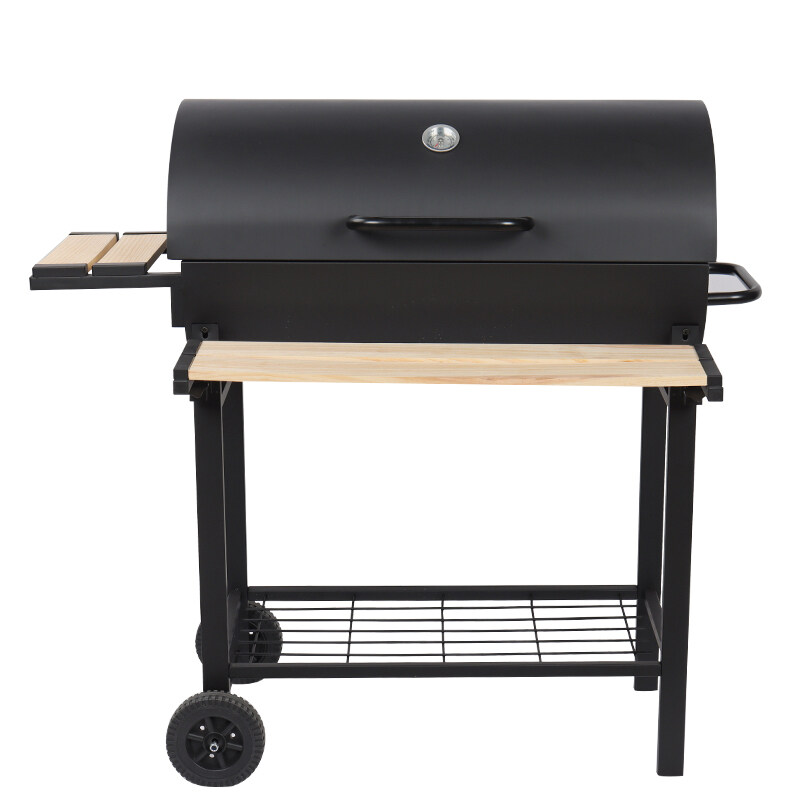 Heavy Duty Trolley Charcoal BBQ Grill Outdoor with Foldable Wooden Shelf