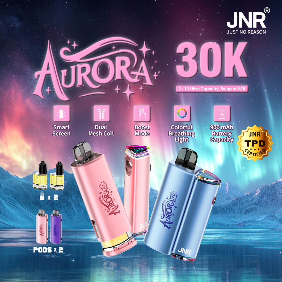 JNR, Puff Jnr, Jnr Aurora 30K, 2+10ml vyměnitelná poddaní kit, TPD certifikovaná vape, 900 mAh baterie, barevné dýchací světlo, nabíjení typu-C, vyměnitelný pod systém POD, JNR Vape