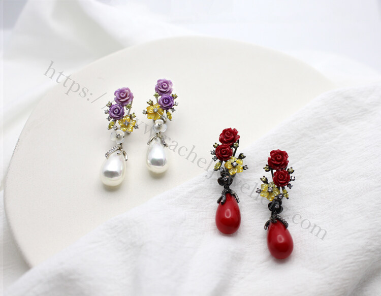 Different flower and drop pearl of the A set of the Camellia sterling silver coral earrings.jpg.jpg
