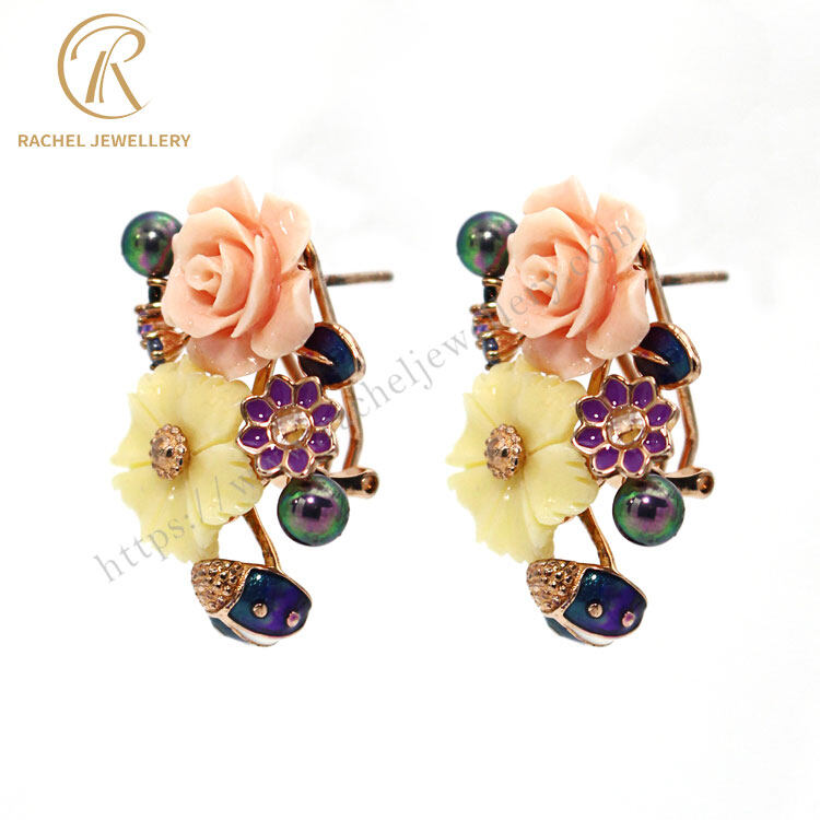 pink enamel flower earrings, pink daisy flower stud earrings