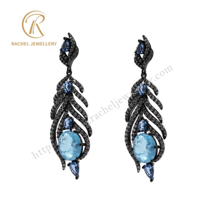 silver peacock feather earrings, blue peacock feather earrings
