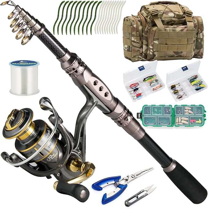 Telescopic Carbon Fiber Fishing Rod Set with Spinning Reel, Baits & Hooks - Portable Travel Kit for Freshwater/Saltwater