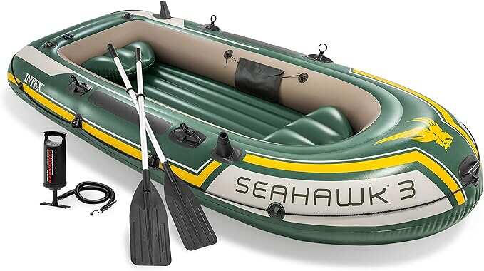 Inflatable Boat Series: Includes Deluxe Aluminum Oars and High-Output Pump – SuperStrong PVC – Fishing Rod Holders – Heavy Duty