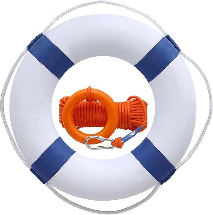 20" Foam Life Preserver Ring with Water Floating Lifesaving Rope 98.4ft, Throwable Flotation Device, Pool Safety Float