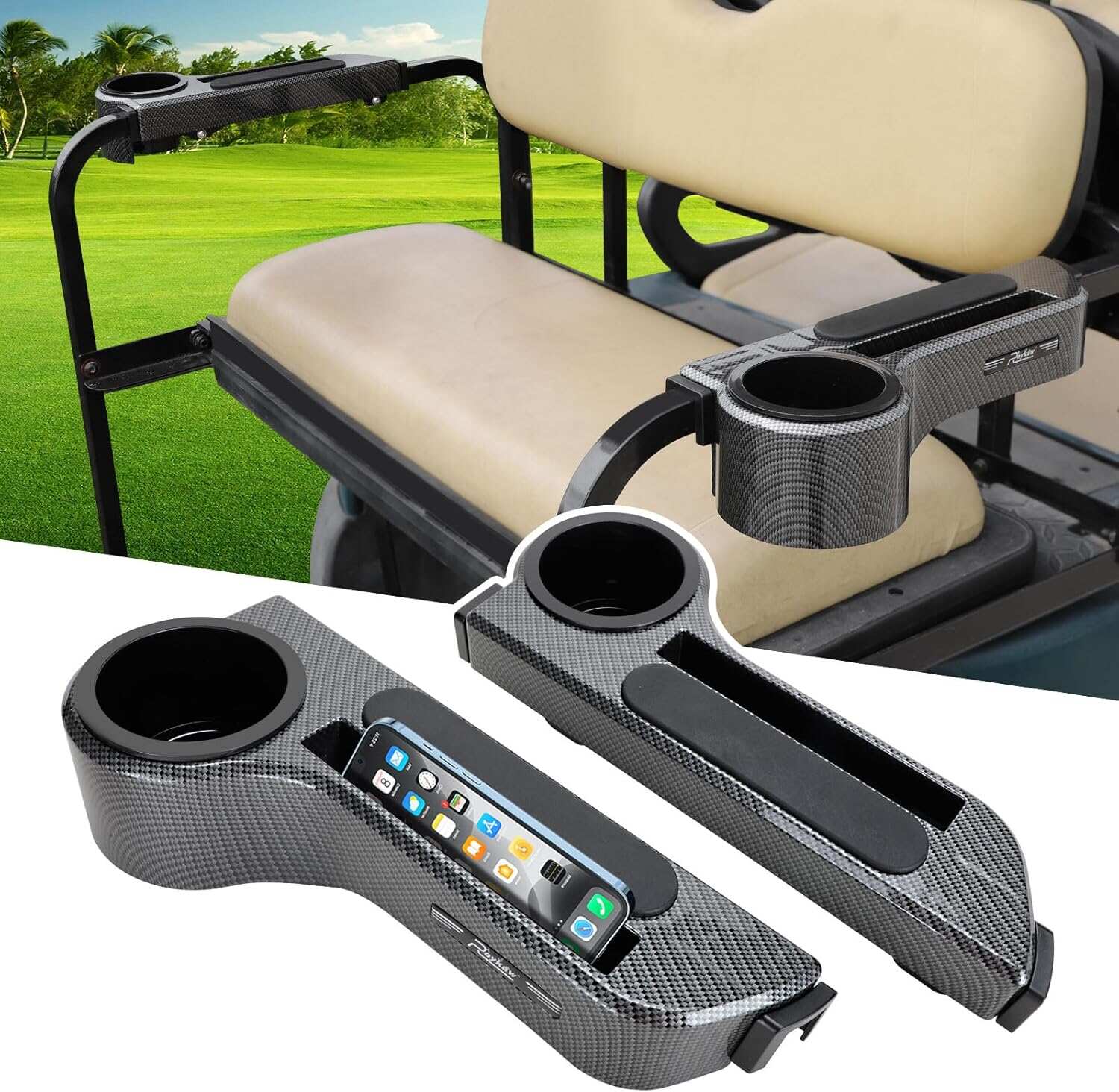Golf Cart Armrest with Cup Holder/Rear Seat Arm Rests , Upgrade 3rd Gen - with Phone Holder, No Drilling Required,