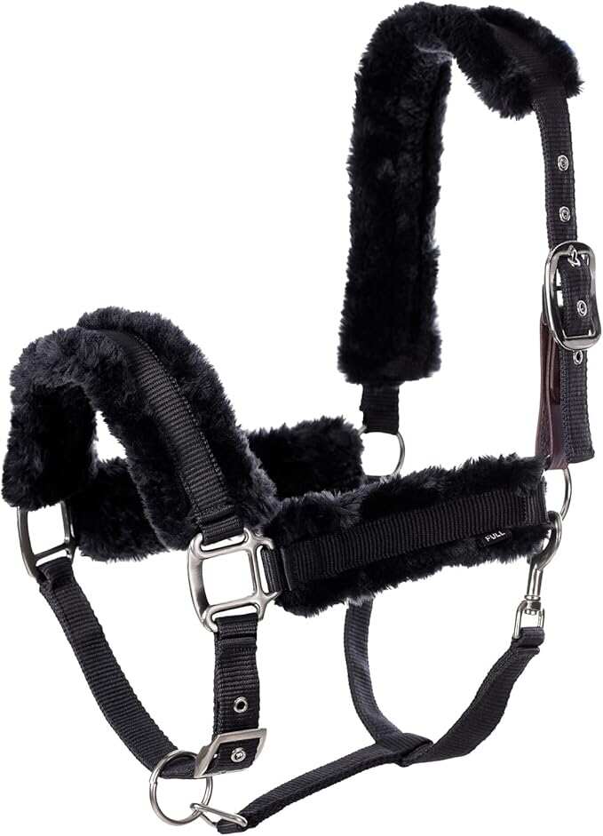 Soft Ultra Fleece Padded Adjustable Breakaway Horse Halter - Black/Black - Horse Trigger snap closure at throat