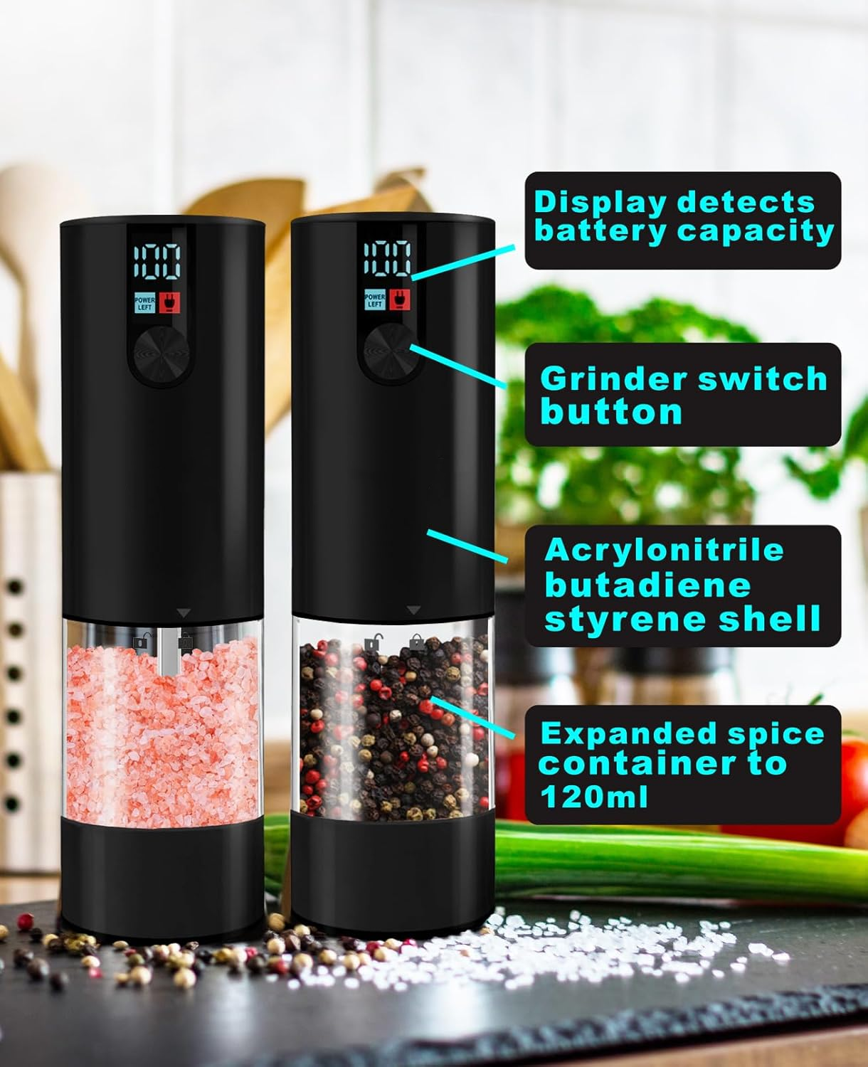 Electric Salt and Pepper Grinder Set - Upgraded Larger Capacity, with display screen and LED lights, USB Rechargeable