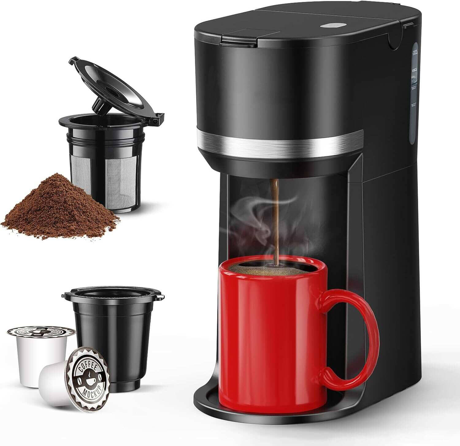 Mini cafeteira de cafeteria de servir de serviço para K Copo e Coffee Moed, Brew One Cup Cophe Machine com lembrete Descaling