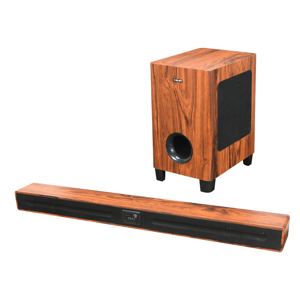 High power output soundbar system with wooden bar and woofer