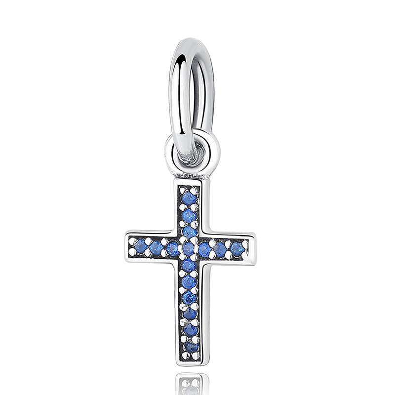 Minimalist 925 Silver Cross Pendant Blue CZ Birthstone Silver Jewelry