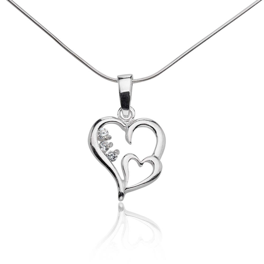 Double CZ Hearts Pendant 925 Silver Rhodium Plating