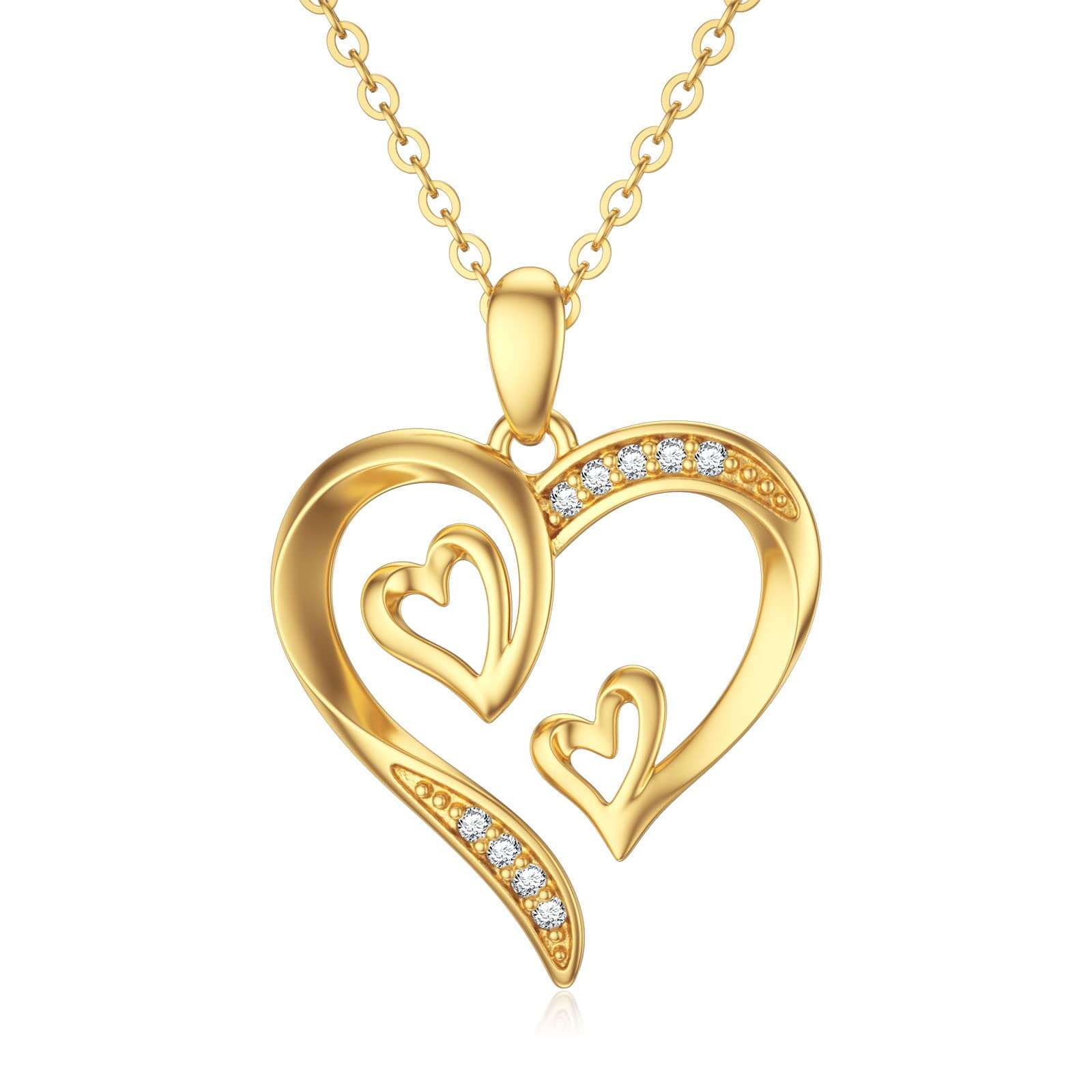Hearts Pendant 925 Silver Yellow Gold Plated CZ Charm Gift