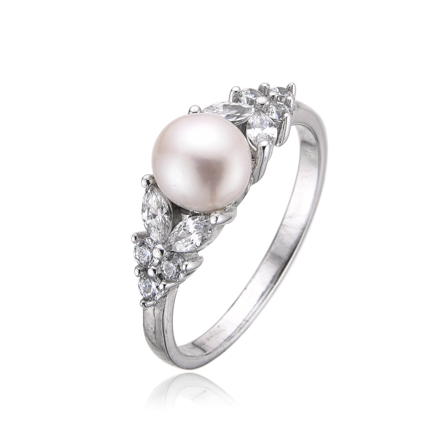Fashion Silver Pearl Ring White Gold Shell Pearl CZ Classic Ring